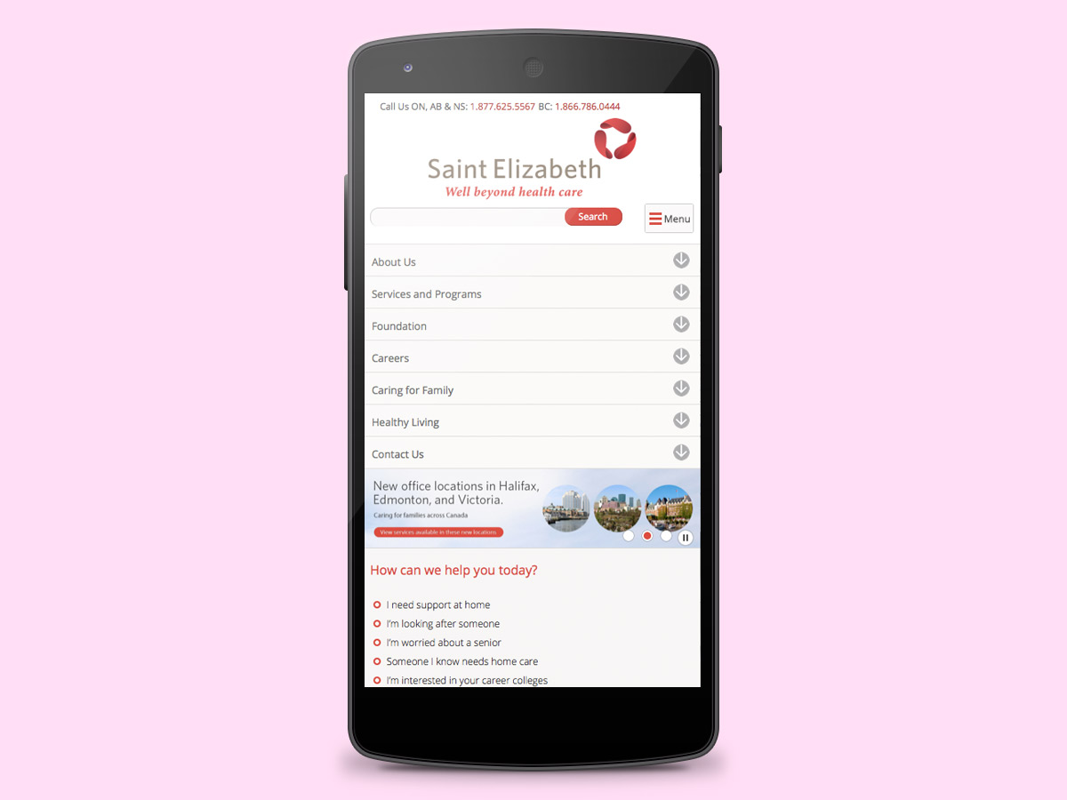 SEHC mobile view with mobile menu